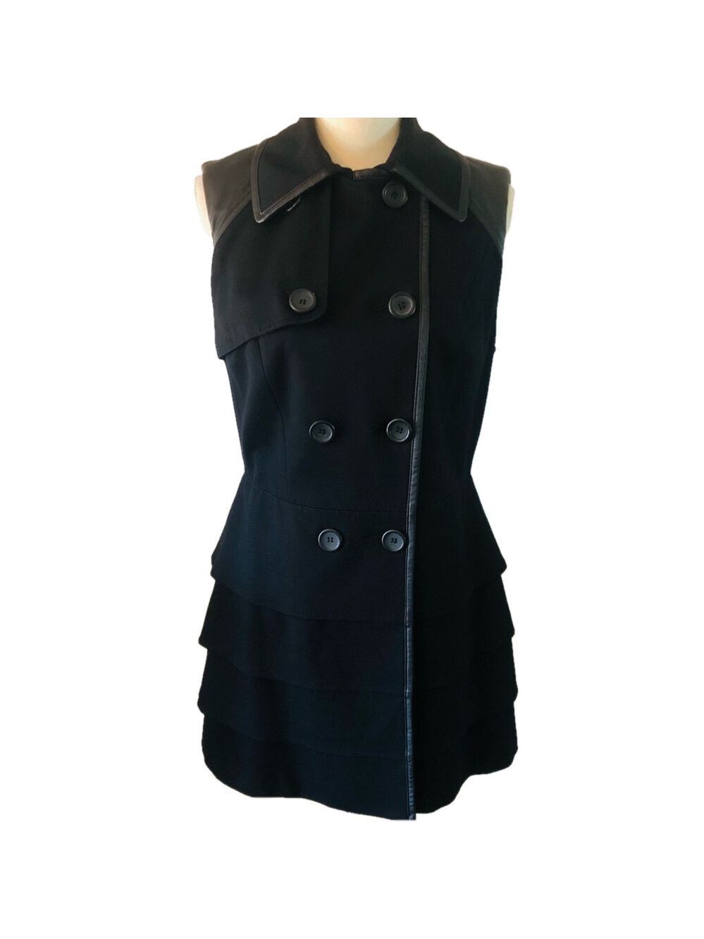 INC Black Sleeveless Double-Breasted Blazer ruffle hem faux leather trim size M